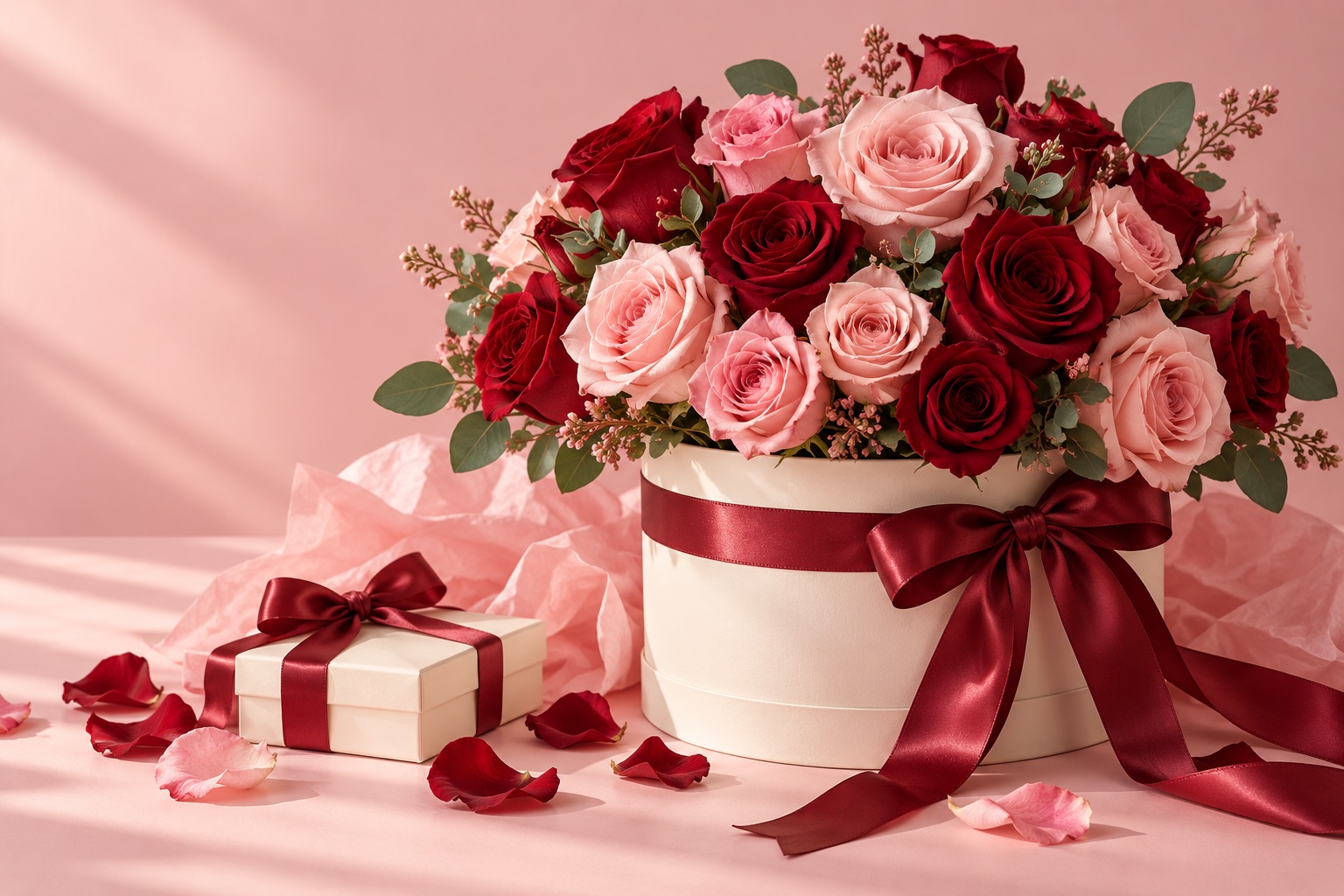 Caja de rosas rosadas y cereza con lazos de satén
